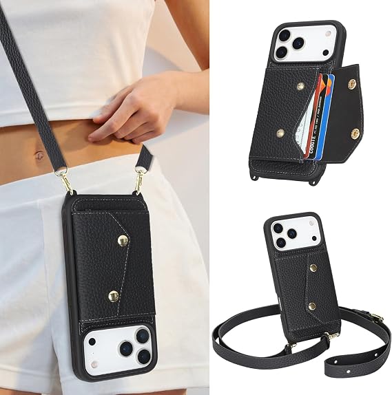 Genuine Leather Wallet Case for iPhone 17 Pro Max with Strap,6.9",Black