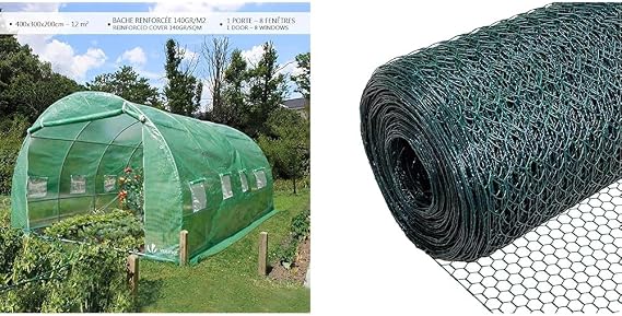 VOUNOT Polytunnel Greenhouse 4x3x2m 12m² Poly Tunnels Gardening Walk In Pollytunnel Tent with Steel Frame & Chicken Wire Mesh Roll, PVC Coated Hexagonal Wire Mesh Fencing, Wire Poultry Netting