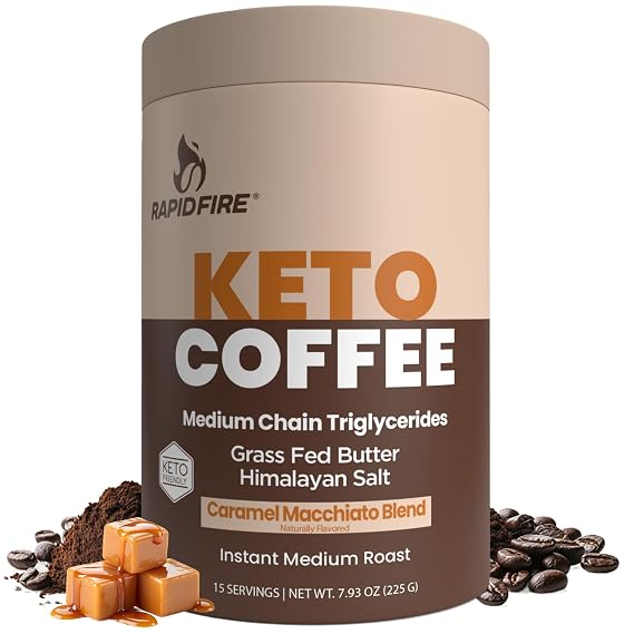 Rapidfire Keto Coffee Instant Coffee Mix, Caramel Macchiato Flavor, 7.93 Ounce (255g), 15 Servings
