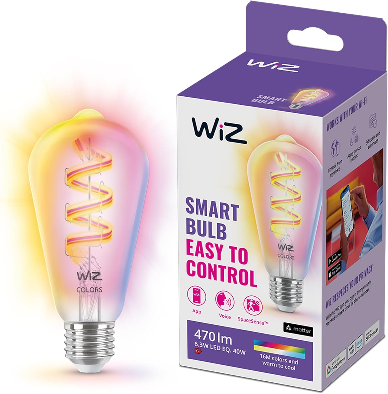 WiZ Smart Colour Filament Vintage Bulb, E27, 4.9W, Connected WiFi Works with Alexa, Google Assistant & HomeKit, App Control for Home Lighting, Bedroom, Kitchen