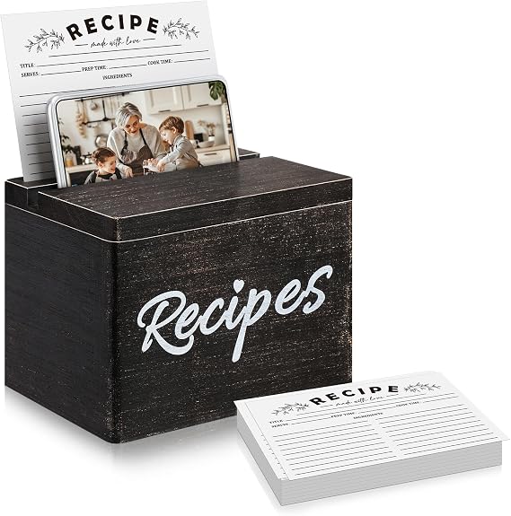 Hoteam 5x7 Recipe Box 50 Cards Wooden Dual Slot Holder,Black | Recipe Card Holder for Kitchen, Farmhouse Wood Organizer with Phone Stand, Rustic Storage for Handwritten Recipes