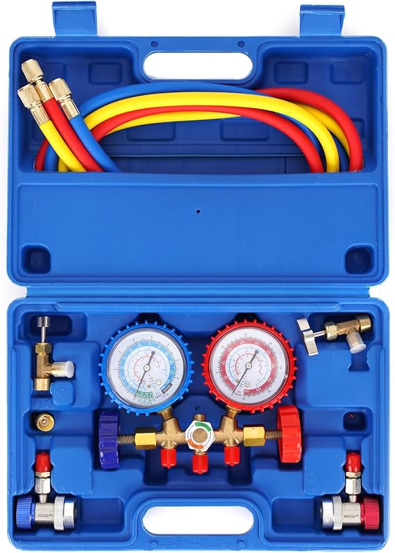 MOCA AC Manifold Gauge Set for R134a, R-404A, R-12, R-22 Refrigerant, 3 Way Car with 4.5FT Hoses Couplers & Adapter, Puncturing & Self Sealing Can Tap Freon Charge Kit, AC Gauges