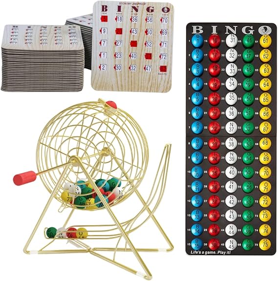 MR CHIPS 100 Economy Shutter Slide Bingo Cards Plus Luxury Gold Cage with Everlasting Balls and Master Board