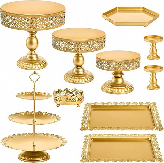 10 Pieces Gold Cake Stand Set, Metal Round Cupcake Holder Dessert Display Plate Serving Platter, Dessert Table Stands and Trays Set for Christmas, Wedding, Birthday, Anniversary, Tea Party