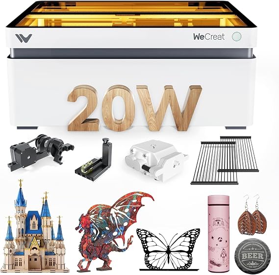 WECREAT Vision Laser Engraver, 20W 4-in-1 Desktop Diode Laser Engraver and Cutter with Smart Camera, Rotary, Auto-Lifting Enclosure Laser Engraving Machine for Wood, Metal, Leather