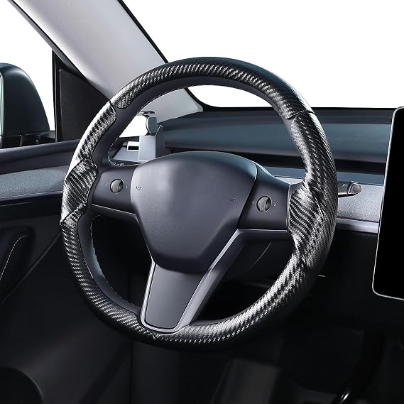 Steering Wheel Cover for Tesla Model 3/Y 2016-2025, Carbon Fiber Steering Wheel Cover Anti-Slip, Comfortable Grip, Breathable, Model 3 & 2024 Model Y Steering Wheel Protector-Black