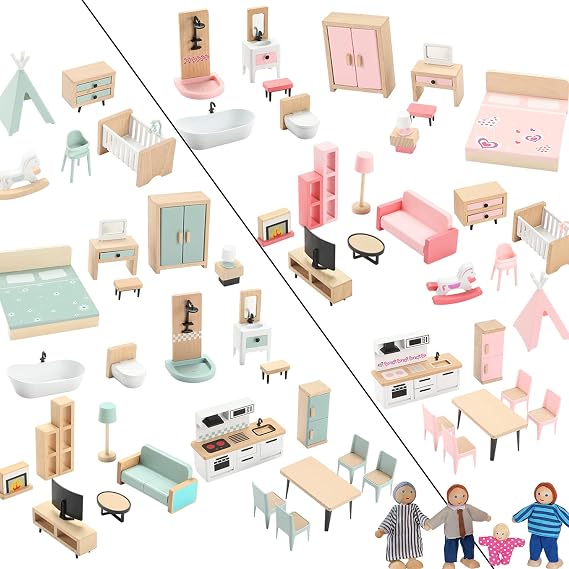Wooden Dollhouse Furniture Set, 72pcs Furnitures with 8 Family Dolls, Dollhouse Accessories Pretend Play Furniture Toys