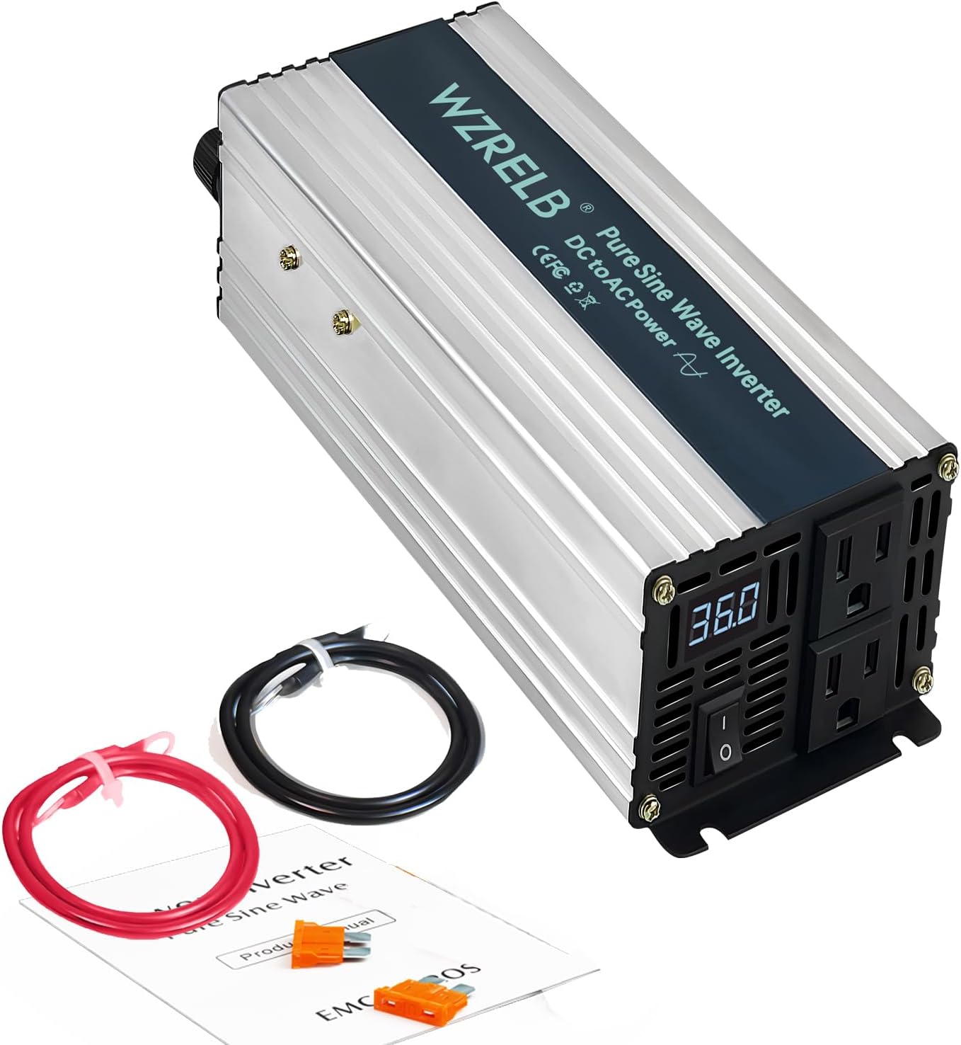 WZRELB 1200W Pure Sine Wave Inverter 36V DC to 110V 120V AC,Car Power Inverter with Dual AC Outlets, LED Display,Off-Grid Portable Power Converter for Home, RV, Truck, Camping