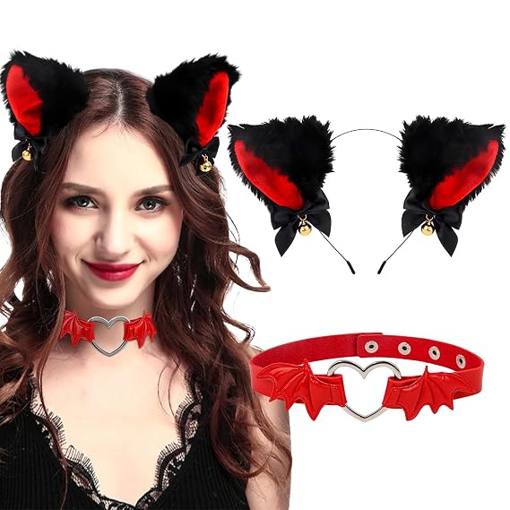 Fax Cat Ear Headband and Red Leather Choker with Heart Animal Headband for Halloween Cosplay Accessories Set for Theme Party Fluffy Cat Ear Hair Band with Bells