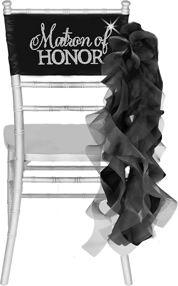 Bride or Die Bachelorette Party Decorations - Real Crystal Rhinestone Flirty Matron of Honor Spandex Band Chair Cover & Chiffon Ruffle - Rehearsal Dinner Decorations - Black