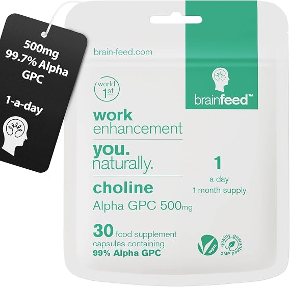 Alpha GPC Capsules (30) | 1-a-Day | 99.7% Alpha-GPC Choline Supplement | 500mg | Nootropic Alpha Brain Supports Memory & Cognition | Acetylcholine Supplement