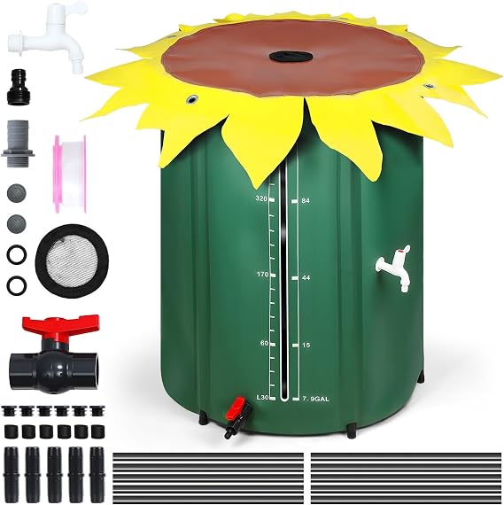 100 Gallon Collapsible Rain Barrel, Portable Water Storage Tank, Sunflower Design Collapsible Rainwater Collection Barrel, Water Catcher Container with Spigot and Filtration Kit Green