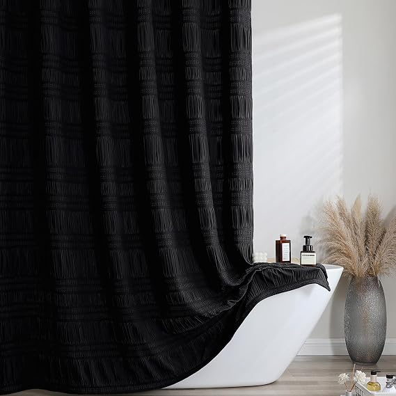 OWENIE Black Shower Curtain, Farmhouse Rustic Striped Textured Fabric Shower Curtain for Bathroom with, Hotel Style, Machine Washable, Black, 72x72 inch