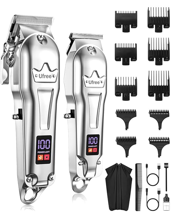 Ufree Hair Clippers for Men, Cordless Trimmer Set with LED Display, Silver