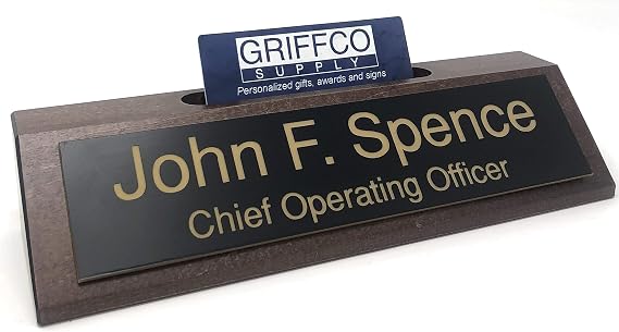 Personalized Business Desk Name Plate with Card Holder - Made in America (Walnut w/Black - Matte Gold Text)