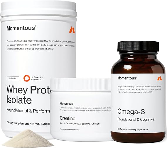 Momentous Three - Creatine Monohydrate Powder (30 Servings), Grass-Fed Whey Protein Powder (Unflavored) & Omega-3 Fish Oil 1600mg - Daily Essentials for Strength, Performance & Lean Muscle Recovery