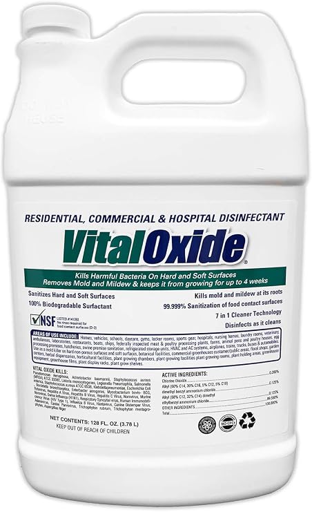 Vital Oxide Disinfectant, Deodorizer, Cleaner, Food-Contact Sanitizer, Virucide (EPA registration #82972-1) Kills Mold & Mildew, Eliminates Odors -1 Gallon | EPA registration 82972-1, disinfectant, deodorizer, cleaner, food-contact sanitizer and virucide