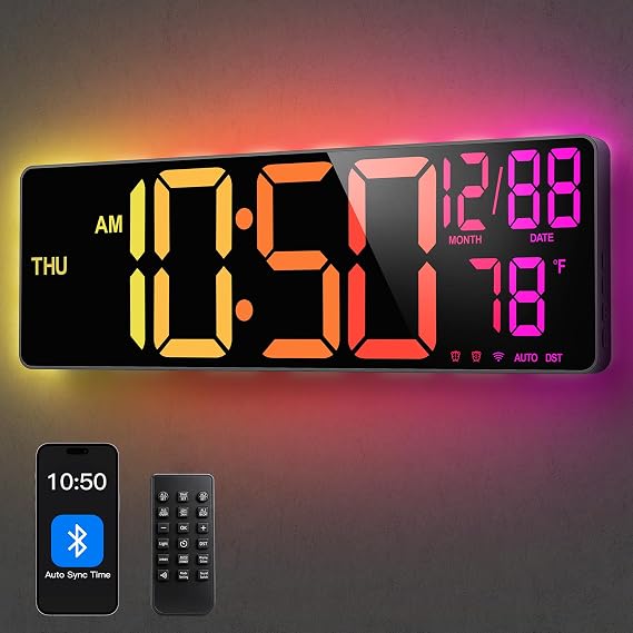 Large Digital Wall Clock for Classroom, 16" LED Digital Clocks | Bluetooth Sync Time Large Display Wall Clock with Remote,RGB Color,Date,Week,Alarm,Temp for Living Room,Bedroom,Gym,Office