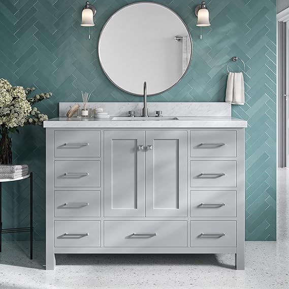 DKB Beckford 48-Inch Bathroom Vanity with Sink Grey Single Sink Bathroom Vanity, 1.5" Edge Italian Carrara Marble Top, Solid Wood, 2 Soft-Close Doors, 9 Dovetail Drawers