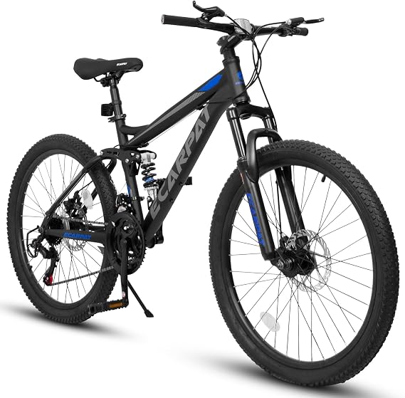 Mountain Bike 26 Inch, 21 Speed Full Suspension Off-Road Commuter Bike with Carbon Steel Frame and Disc Brakes