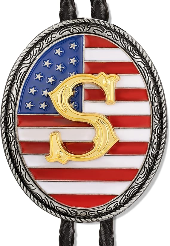 LAXPICOL Vintage Bolo Tie for Men Fashion American Flag Initial Letter Western Cowboy Bolo Tie for Women