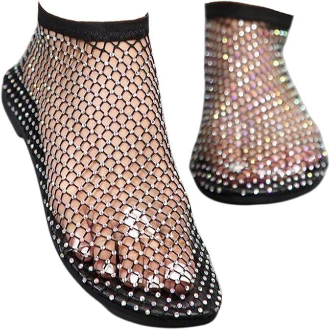 Ultra Comfortable Mesh Flats for Women Fishnet Sandals Low Heel Slip on Rhinestone Shoes