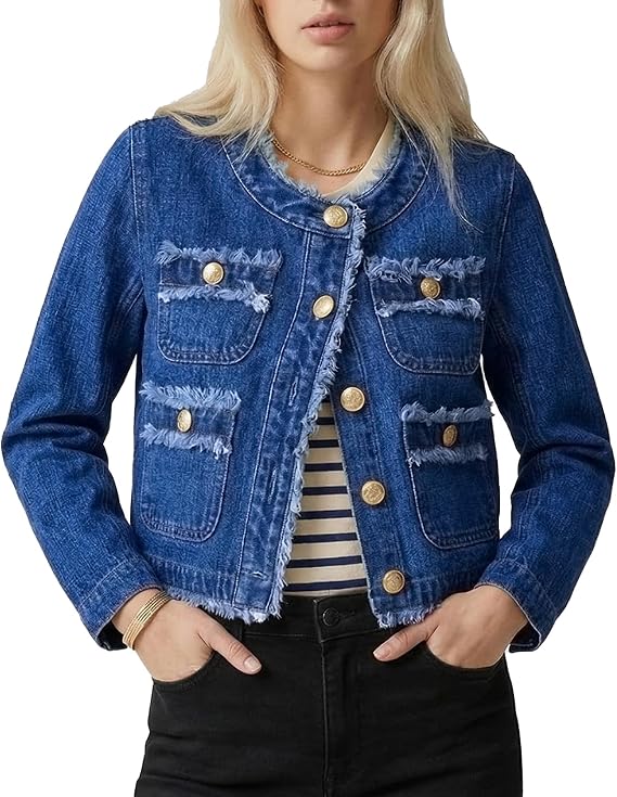 Ladyful Women's Trendy Jean Jacket Button Down Long Sleeve Cropped Frayed Distressed Denim Jacket Coat