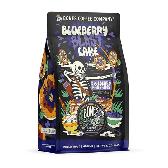 Bones Coffee Company Blueberry Blast Cake, Blueberry Pancakes Flavored Coffee, Medium Roast Low Acid Arabica Beans Compatible with Auto drip and French Press Coffee Maker, 12 Oz Ground