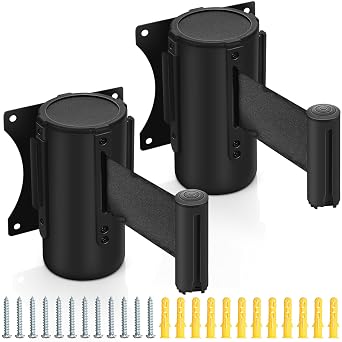 Zonon 2 Pieces Wall Mounted Retractable Belt Barrier Wall Mount Caution Belt with 10 Feet Black Belt Crowd Control Barriers Rope Safety Barriers for Indoor Outdoor Retail Grocery Store Stadium