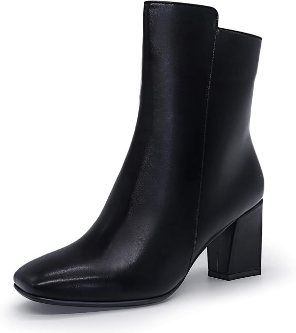 IDIFU Women's Fashion Square Toe Ankle Boots Half Size Up | Low Block Heel Side Zipper Short Gogo Booties Shoes