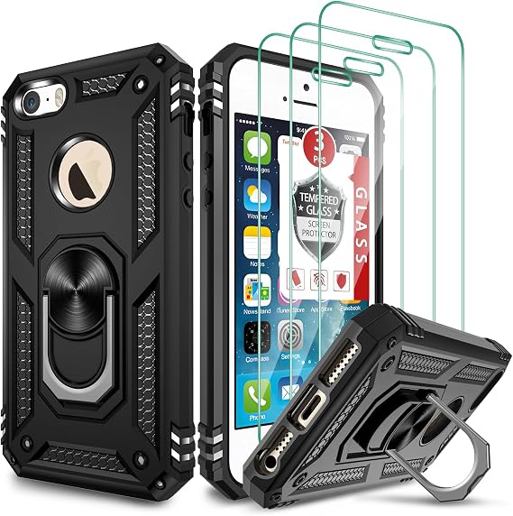 Case for iPhone SE (1st gen - 2016) / 5S, with [3X Tempered Glass Screen Protector], Shockproof Armor Built-in Ring Kickstand and Magnetic Car Mount Cover for iPhone SE/5/5S (4") - Black