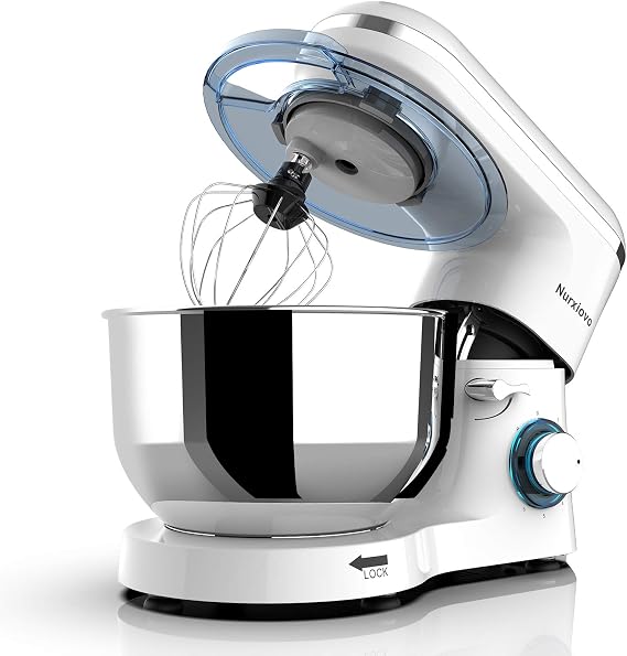 6-Speed Electric Mixer 6.5QT Stand Mixer Kitchen Tilt-Head Food Mixer with Stainless Steel Bowl 660W Dough Hook Whisk Beater White