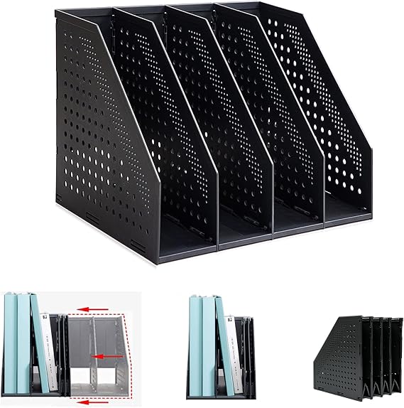 Marte Vanci Collapsible Magazine File Holder, 4 Compartment, Black | Adjustable Book Organiser, Plastic Lever Arch File Storage, Vertical Document Folder Rack, for Office School Desk Shelves