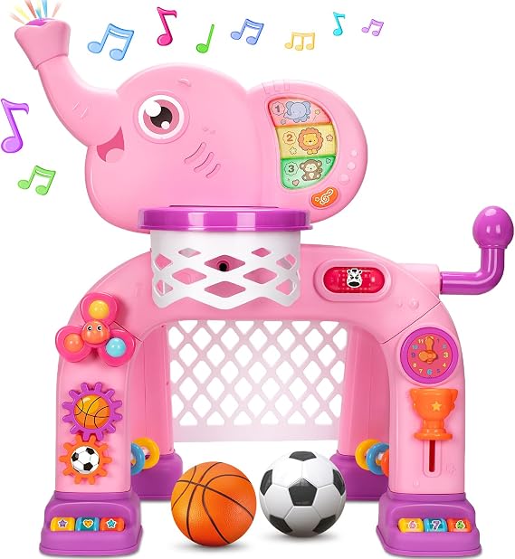 Toddler Basketball Hoop & Soccer Goal Sports Toys for 1 2 3 Years Old Girls Boys, Montessori Toys, Interactive Musical Toy with Lights, Christmas Birthday Gifts for Baby Kids Age 12-18 Months(Pink)