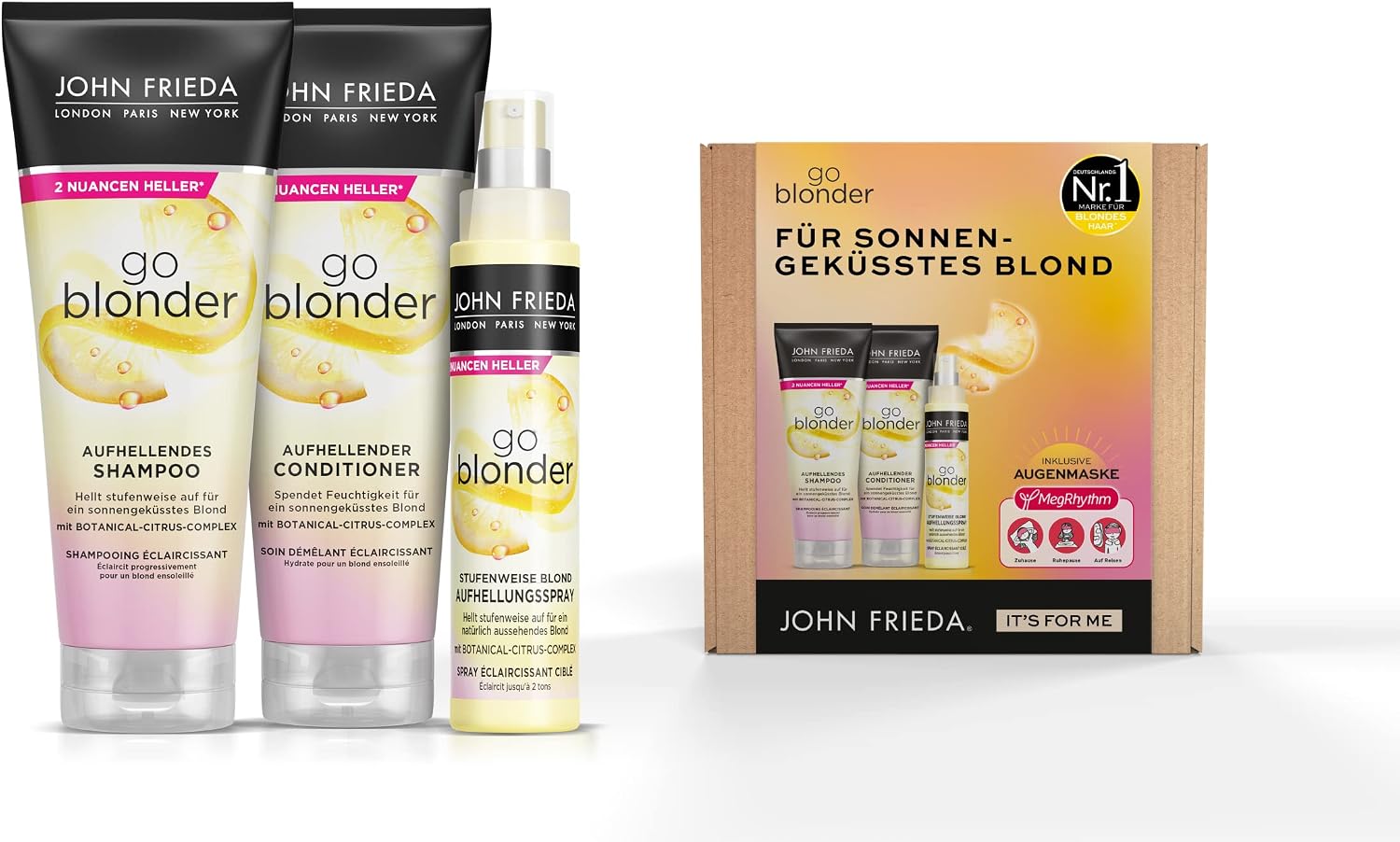 John Frieda Go Blonder Advantage Set for Blonde Hair - Shampoo, Conditioner, Whitening Spray & MegRhythm Eye Mask - Brightens Gradually - Also for Colour Treated Hair, 600 ml
