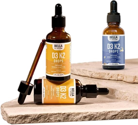 Bella All Natural Vitamin D3 K2 Liquid Drops 5000 IU Morning & Evening Drops Pack of 2 | These Vitamin D3 K2 Drops Help Support Heart, Bone &