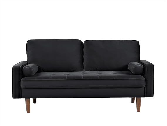 Container Furniture Direct Velvet Tufted Sofas for Living Room, Classic Mid-Century Style with Modern Silhouette, Button Tufting and Wood Legs, Includes 2 Bolster Pillows, Loveseat, Black