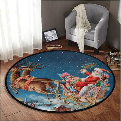 Christmas Santa Winter Round Area Rug Reindeer New Year Circle Floor Mat 3ft Area Carpet for Home Dining Living Room Holiday Seasonal Decor Soft Non Skid