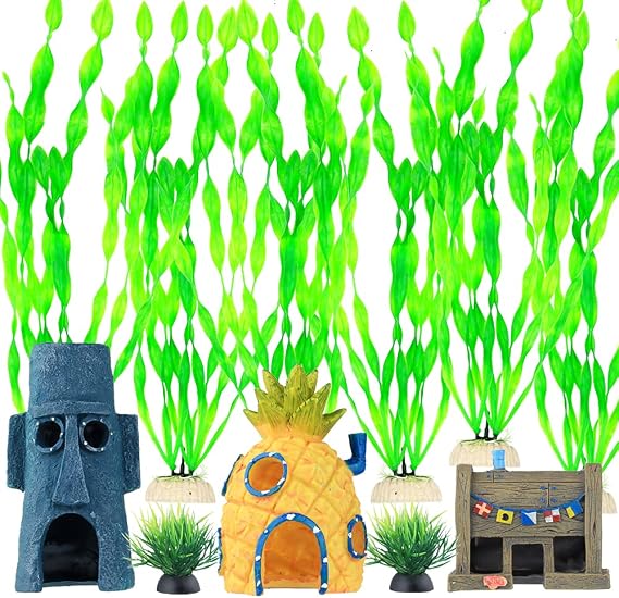23-Piece Aquarium Decoration Kit, Artificial Green Plants & Resin Ornaments