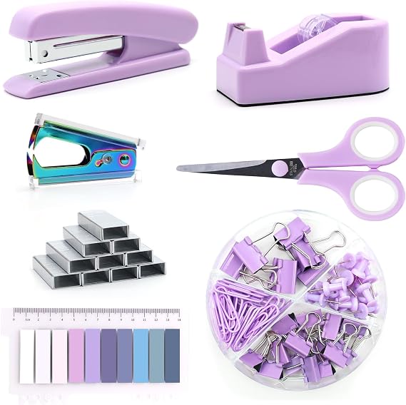 Purple Office Supplies and Desk Accessories, Stapler and Tape Dispenser Set, Purple Desk Accessory Kit,Cute Office Supply Set for Women, Gift for Students, Coworkers, Boss Lady
