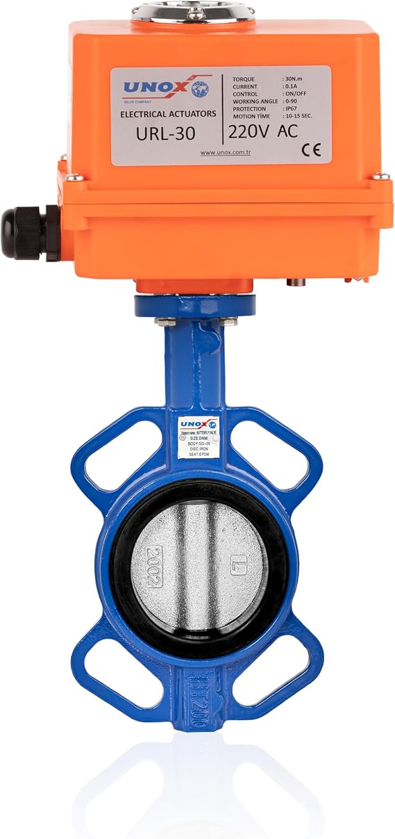 UNOX Butterfly Valve DN50 (2") 220V AC Electric Actuator Wafer Type Stainless Steel AISI304 Disc EPDM Seat GGG40.3 Body for Water & Air | Industrial Butterfly Valves