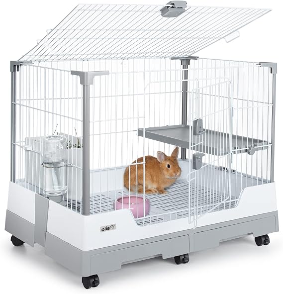 Deluxe Rabbit Cage, 32" 21" 26" Large Space Bunny Cage Foldable Small Animal Cage with Pull Out Tray and Caster Platform, Professional Household Anti-Spray Urine Rabbit Cage Hutch Indoor