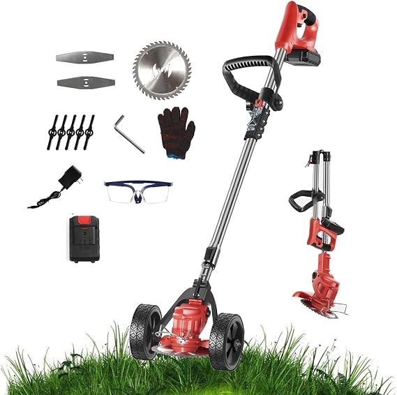 Foldable Cordless Strimmer,Electric Lawn Mower Battery Strimmer with Adjustable Wheels,Telescopic Electric Lawn Mower,Lawn Edger Brush Cutter for Garden(red,AU)