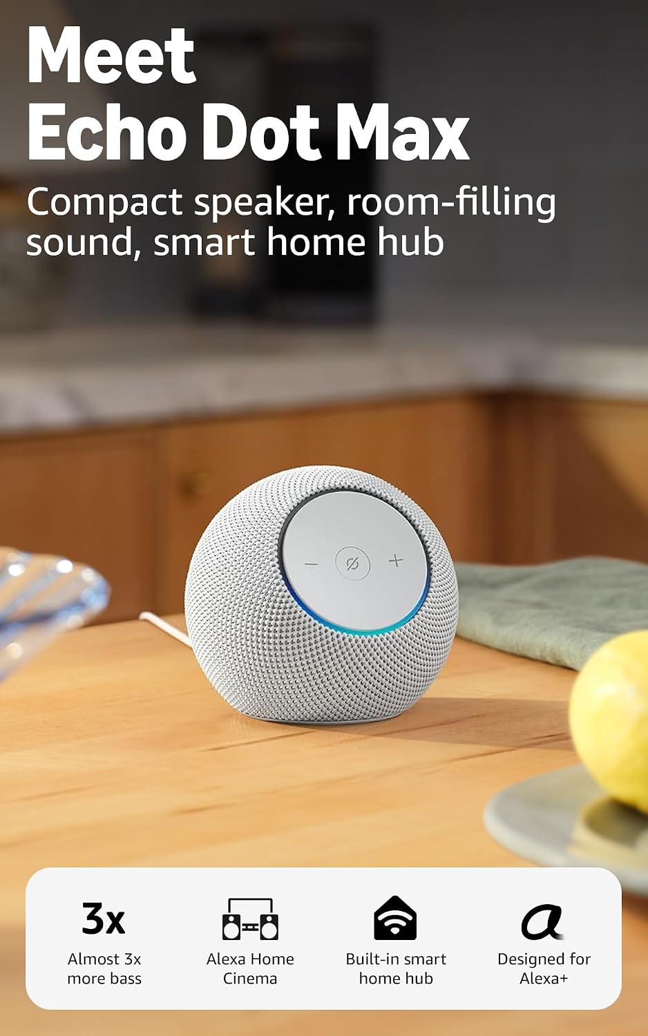 Amazon Echo Dot Max (newest gen), Bluetooth speaker with room-filling sound and built-in smart home hub, Glacier White, with Alexa+ Early Access