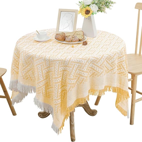 Dining Square Elegant Tablecloth - Solid Color Plaid with Decorative Tassels, Machine Washable and Wrinkle Resistant for Everyday Use, Party, and Holiday Decor (70" x 70", Yellow)