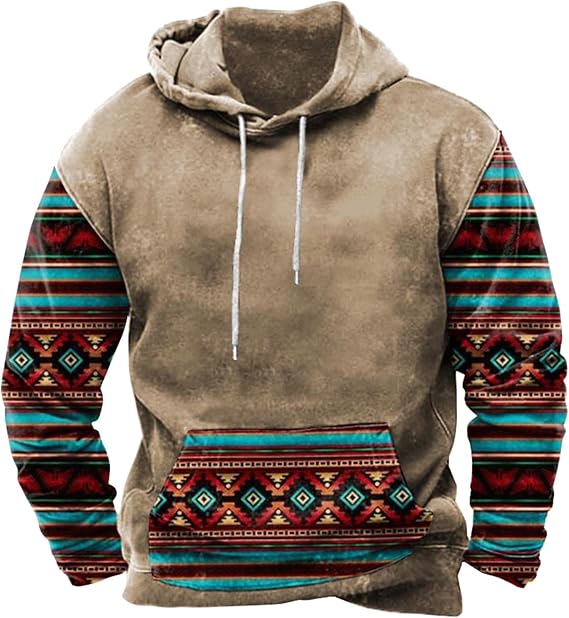 American Flag Hoodies for Men Tribal Aztec Cowboy Ethnic Western Hooded Sweatshirts Fall Long Sleeve Pullover Tops
