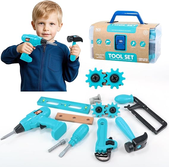 Kids Tool Set Pretend Play Toddler Tool Set with Tool Box, Toy Drill, Hammer, Screwdriver,Screw Construction Kits, Educational Tools for Kids Ages 3,4,5,6,7 Years Old, Boy Girl Toy