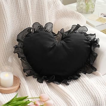 MOJUN Heart Pillows, Black Heart Shaped Pillow with Ruffles Cute Soft Heart Love Pillows Decorative Throw Pillows Cushion for Sofa Couch Bed Living Room Decor Gifts