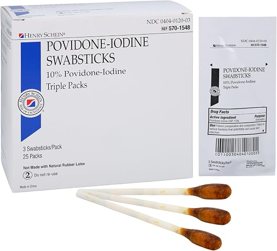 Henry Schein Prep Povidone-Iodine Swabsticks 3's, Individually Packed, Sterile, Antiseptic for Skin Preparation, 10% Povidone-Iodine- 25/BX