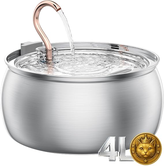 Tomxcute Cat Water Fountain - 4.0L/135oz Gooseneck Copper Faucet Design Cat Fountains for Drinking - Large Capacity Stainless Steel Cats Water Fountain -  with 3 Replacement Filters